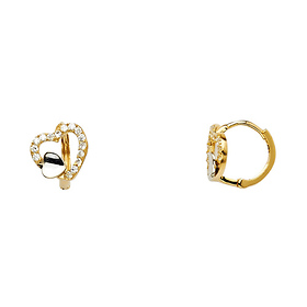 Open Heart Design CZ Huggie Hoop Earrings - 14K Yellow Gold