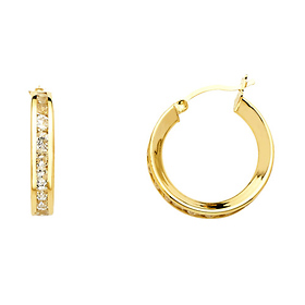 Small Flat Cubic Zirconia Hoop Earrings - 14K Yellow Gold 3mm x 0.7 inch