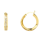 Small Flat Cubic Zirconia Hoop Earrings - 14K Yellow Gold 3mm x 0.7 inch