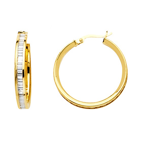 Small Baguette-Cut Channel-Set CZ Hoop Earrings - 14K Yellow Gold 3mm x 0.7 inch