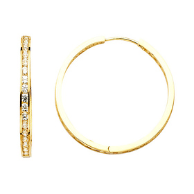 Medium Round Pave-Set CZ Hoop Earrings - 14K Yellow Gold 3mm x 0.9 inch