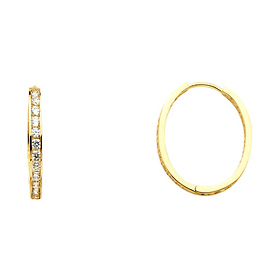 Petite Oval Round-Cut Pave CZ Hoop Earrings - 14K Yellow Gold