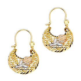 Fancy Oval Rose Hoop Earrings - 14K TriGold