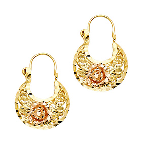 Crescent Flower Diamond-Cut Hoop Earrings - 14K Two-tone Gold