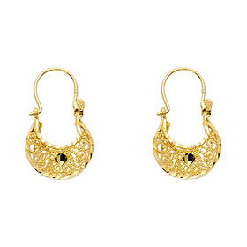 Fancy Crescent Faceted & Filigree Hoop Earrings - 14K Yellow Gold