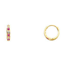 Fuchsia CZ Channel-Set 14K Yellow Gold Huggie Earrings - 2mm x 11mm