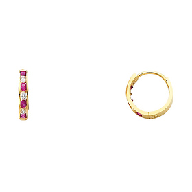 Fuchsia CZ Channel-Set 14K Yellow Gold Huggie Earrings - 2mm x 12mm