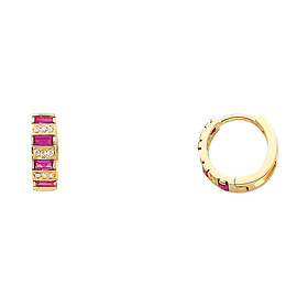 14K Yellow Gold Baguette Fuchsia CZ Huggie Earrings 4mm x 12mm