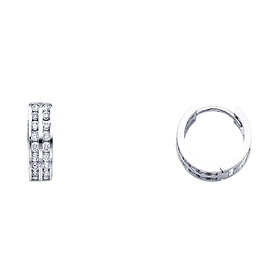 14K White Gold 2-Row CZ Huggie Earrings 4mm x 12mm