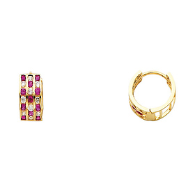 14K Yellow Gold 3-Row Fuchsia CZ Huggie Earrings 5mm x 11mm