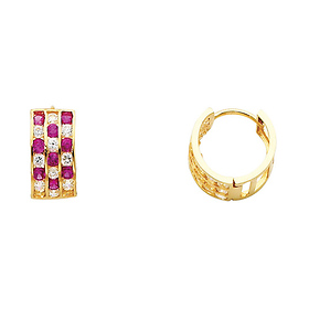 14K Yellow Gold 3-Row Fuchsia CZ Huggie Earrings 5mm x 14mm