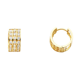 14K Yellow Gold 3-Row Clear CZ Huggie Earrings 5mm x 14mm