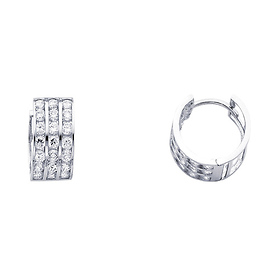 14K White Gold 3-Row Clear CZ Huggie Earrings 5mm x 14mm