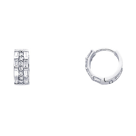 14K White Gold Baguette & Round CZ Huggie Earrings 6mm x 13mm