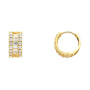 14K Yellow Gold Round & Baguette CZ Huggie Earrings 7mm x 14mm