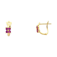14K Yellow Gold Flower Lever-back Purple CZ Huggie Earrings