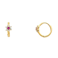 14K Yellow Gold Fuchsia Flower CZ Huggie Earrings