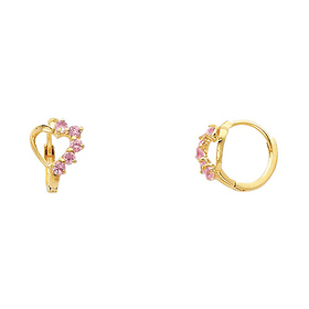 14K Yellow Gold Semi-Lined Heart Pink CZ Huggie Earrings