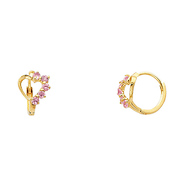 14K Yellow Gold Semi-Lined Heart Pink CZ Huggie Earrings