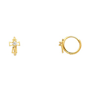 14K Yellow Gold Bold Open Cross CZ Huggie Earrings