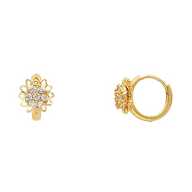 14K Yellow Gold Fancy Open Flower CZ Huggie Earrings