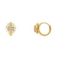 14K Yellow Gold Fancy Open Flower CZ Huggie Earrings