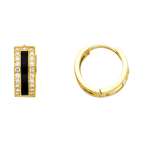14K Yellow Gold Onyx & Pave CZ Huggie Earrings