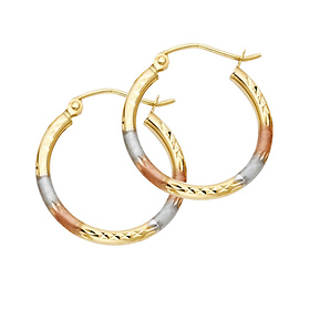 Small 14K Tricolor Gold Diamond-Cut Hoop Earrings - 2mm x 0.7 inch