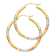 Small 14K TriGold Diamond-Cut Hoop Earrings - 2mm x 0.9 inch