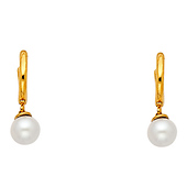 14K Yellow Gold 6mm Pearl Dangle Huggie Earrings