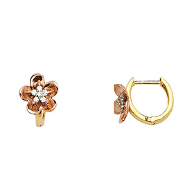 14K Two-Tone Gold Polished Flower CZ Huggie Earrings