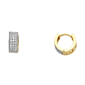 14K Two-Tone Gold Three-Row Pave CZ Huggie Earrings - 4mm x 10mm
