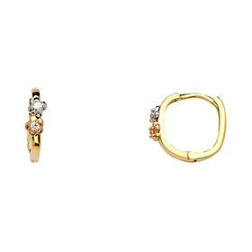 14K Tricolor Gold Double Flower CZ Huggie Earrings