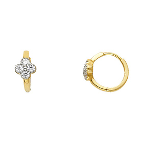 14K Yellow Gold Flower Round CZ Huggie Earrings - 6mm x 12mm