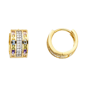 14K Yellow Gold Thick Colorful CZ Huggie Earrings