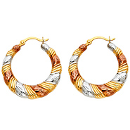 14K TriGold Ribbed Crescent Hoop Earrings