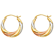 14K TriGold Polished & Textured Crescent Hoop Earrings