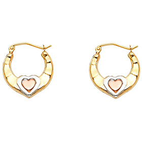 14K TriGold Crescent Heart Hoop Earrings