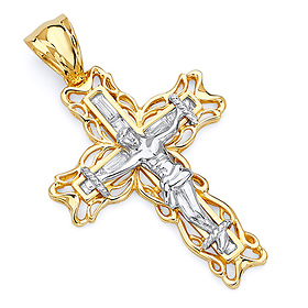 Large Open Ivy CZ Crucifix Pendant in 14K Two-Tone Gold