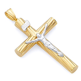 14K Two-Tone Gold Wood-Design Rod Crucifix Pendant - Small