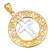 14K TwoTone Gold Round Pendant with Cross Religious