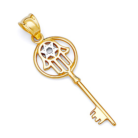 14K TwoTone Gold Star of David in Hamsa Key Pendant