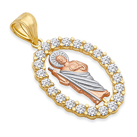 14K TriGold CZ Oval San Judas Tadeo Pendant - Medium