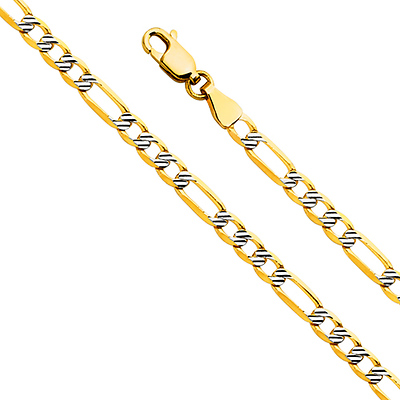 4mm 14K Yellow Gold Solid Figaro 3+1 Fancy White Pave Chain Necklace 18-24in