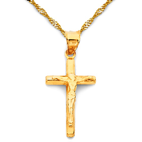 Extra Small Rod Crucifix Necklace with Singapore Chain - 14K Yellow Gold 16-22in