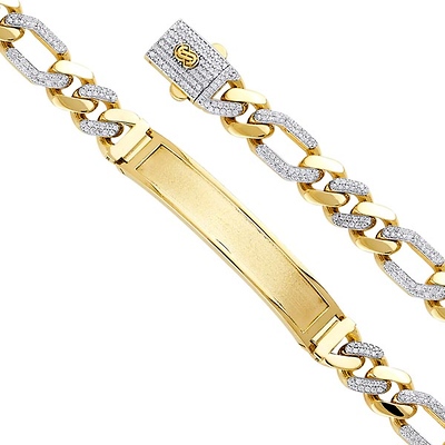 9.5mm MONACO CHAIN 14K Yellow Gold Men's  CZ Figaro Bracelet with Frame ID 8.5in