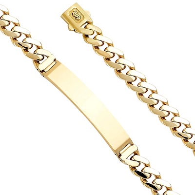 9.5mm MONACO CHAIN 14K Yellow Gold Men's  Cuban Curb Bracelet with Plain ID 8.5in