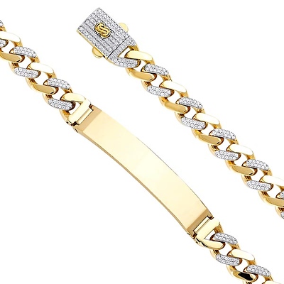 9.5mm MONACO CHAIN 14K Yellow Gold Men's  CZ Cuban Curb Bracelet with Plain ID 8.5in