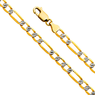 4.7mm 14K Yellow Gold Figaro 3+1 Fancy White Pave Chain Necklace 18-26in