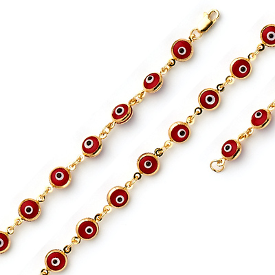 Round Red Evil Eye Charms Bracelet - 14K Yellow Gold 7.25in